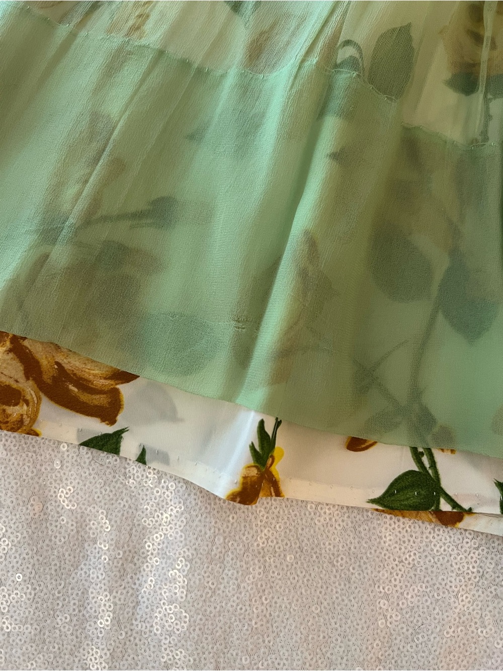 Vintage 1950s Yellow Rose Floral Cocktail Fit and Flare Dress with Green Chiffon - Picture 14 of 14